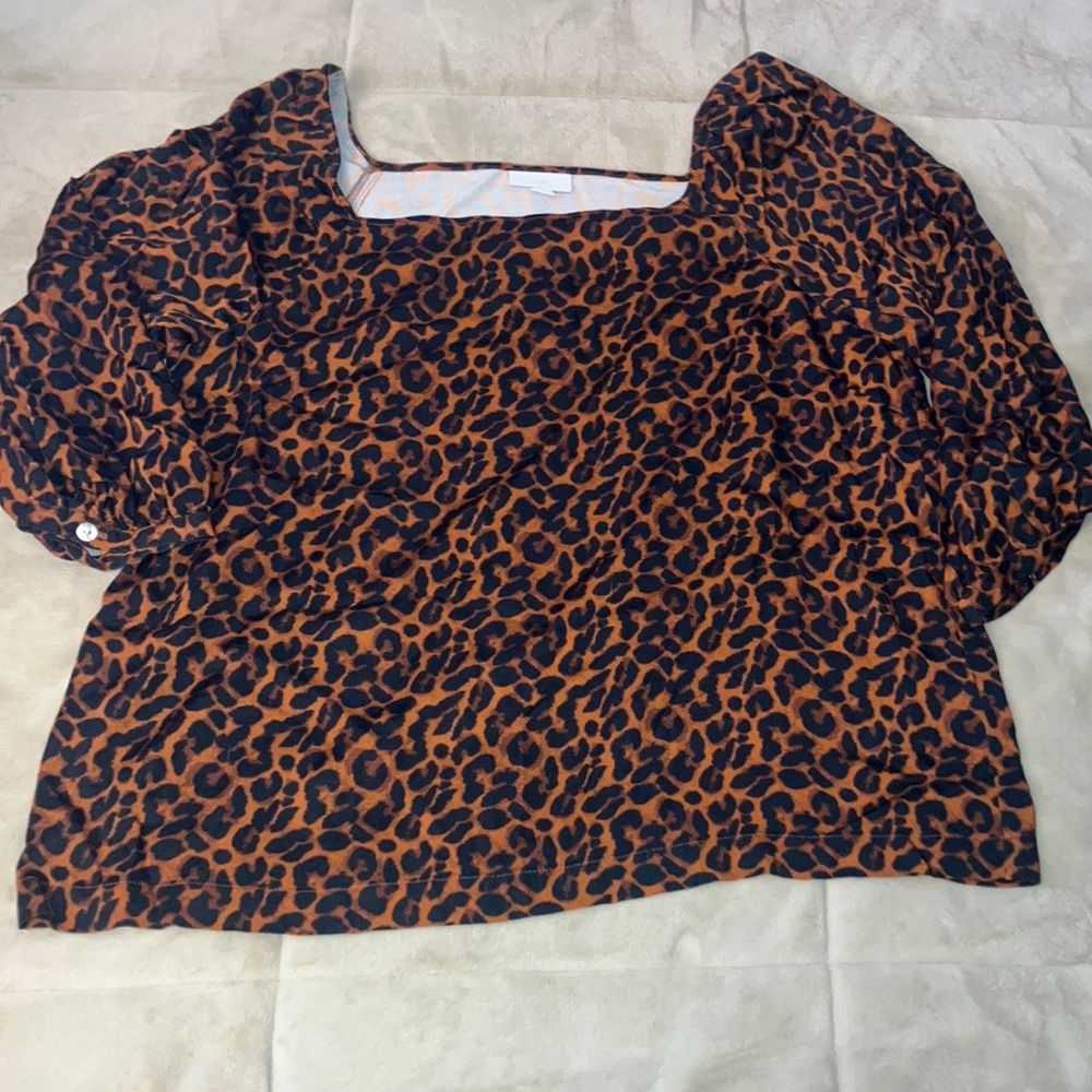 J.Jill Satin Square-Neck Top Copper Leopard Sz M